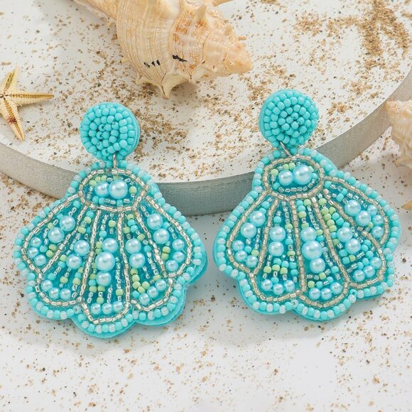 Set of 3 Beaded Seashell Dangle Earrings for Women in Pink, Blue, White - Coasta - Picture 5 of 7